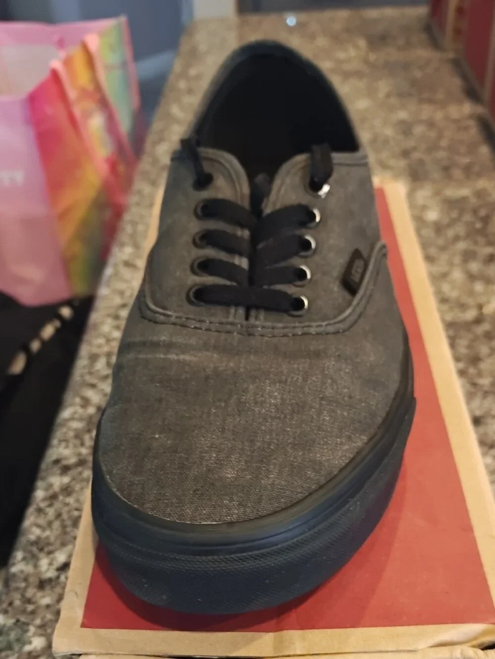 Vans Gray Canvas Low Top Sneakers with Red Midsole Accent